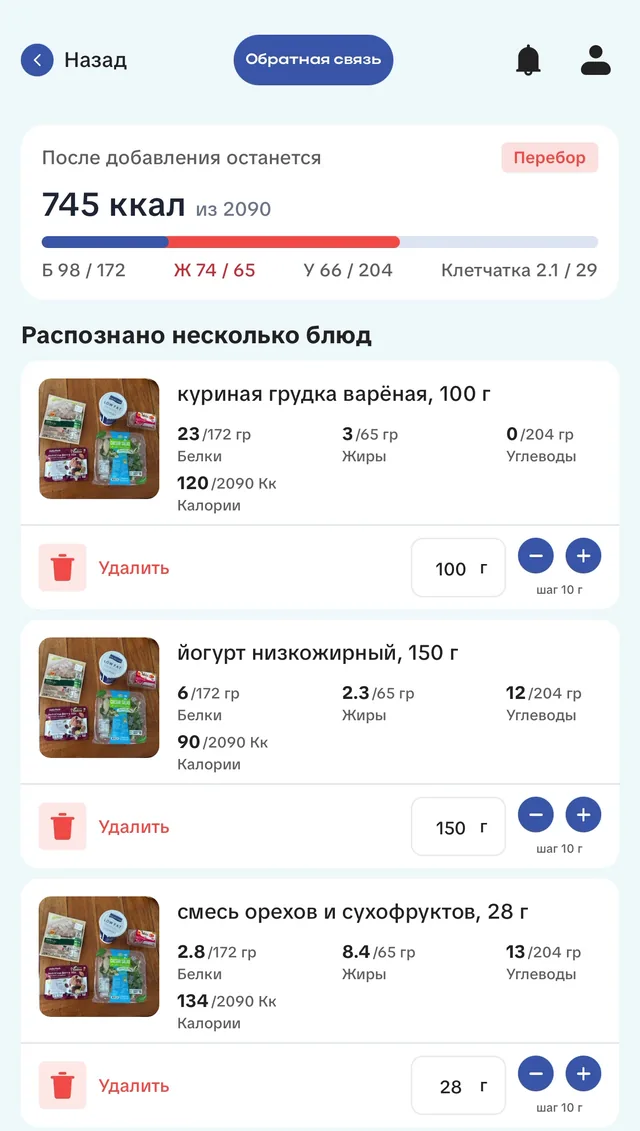 Результат распознавания: куриная грудка 100 г, йогурт 150 г, смесь орехов 28 г; после добавления останется 745 ккал